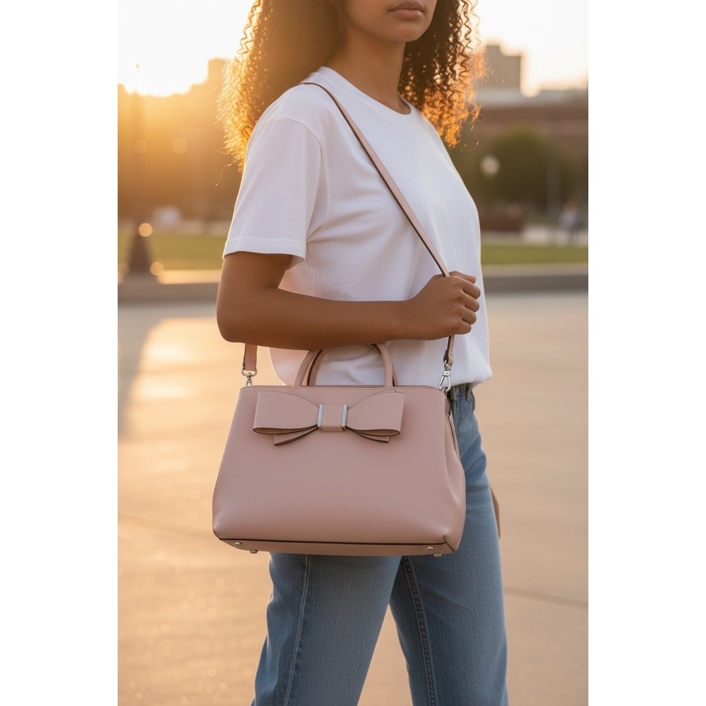 Bow Satchel Crossbody Bag, Pale Pink Handbag, Elegant Top Handle, Shoulder Bag